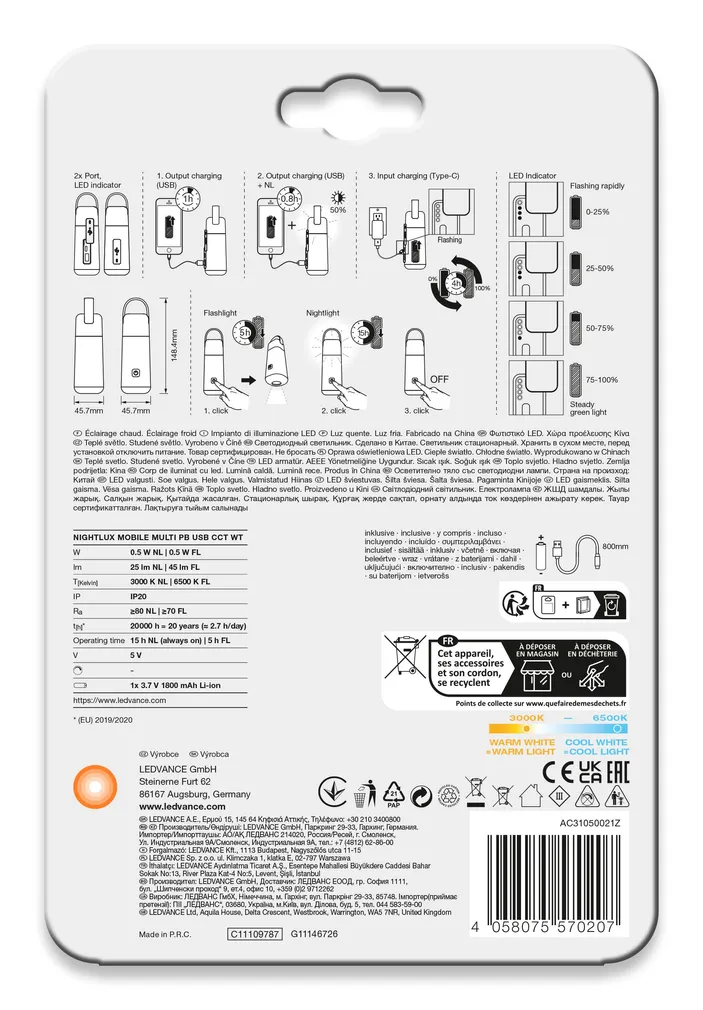ÖÖVALGUSTI LEDVANCE NIGHTLUX POWERBANK MULTI VALGE