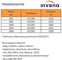 TERASRADIAATOR INVENA K22 KÜLGÜHENDUSEGA 1200X550X104MM 2021W