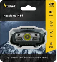 PEALAMP TECHNIK H15 220LM IP65 PUNANE LED USB-LAETAV