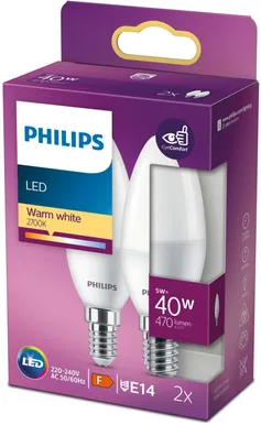 LED LAMP PHILIPS 5W (40W) E14 B35 470LM 2700K 2TK PAKIS