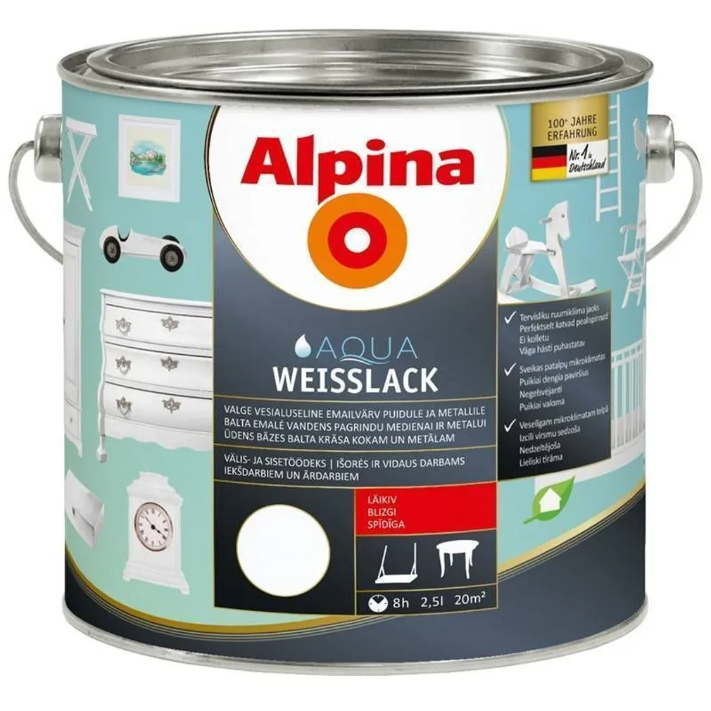 VÄRV ALPINA AQUA WEISSLACK 2,5L VALGE LÄIKIV PUIDU,METALLI