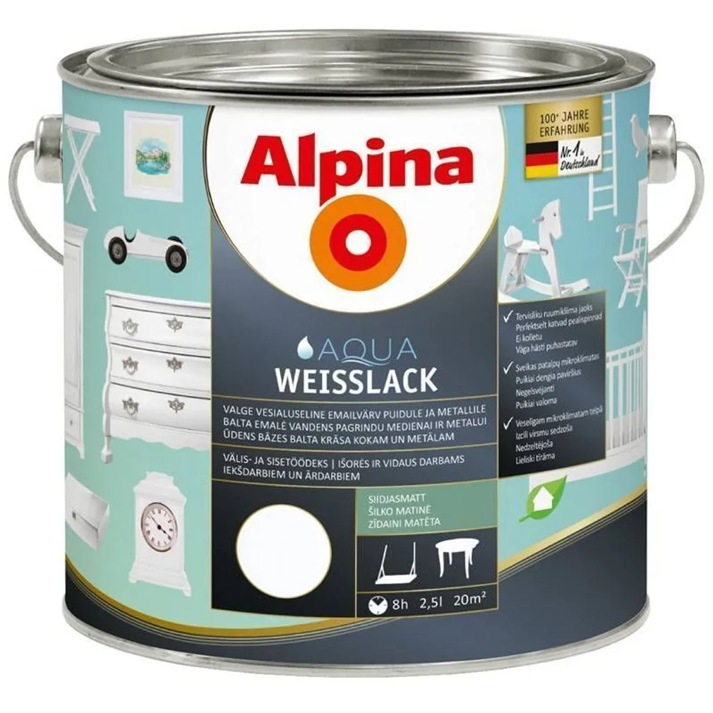 UNIVERSAALVÄRV ALPINA AQUA WEISSLACK 2,5L VALGE SIIDJASMATT