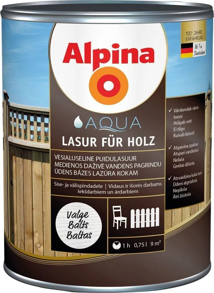 PUIDUKAITSEVAHEND ALPINA AQUA LASUR FÜR HOLZ 0,75L VALGE