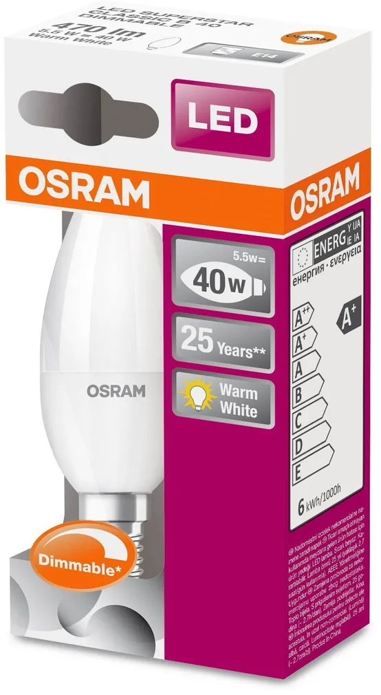LED LAMP OSRAM LED SUPERSTAR CLASSIC 5,5W E14 B35 2700K 470LM DIMMERDATAV