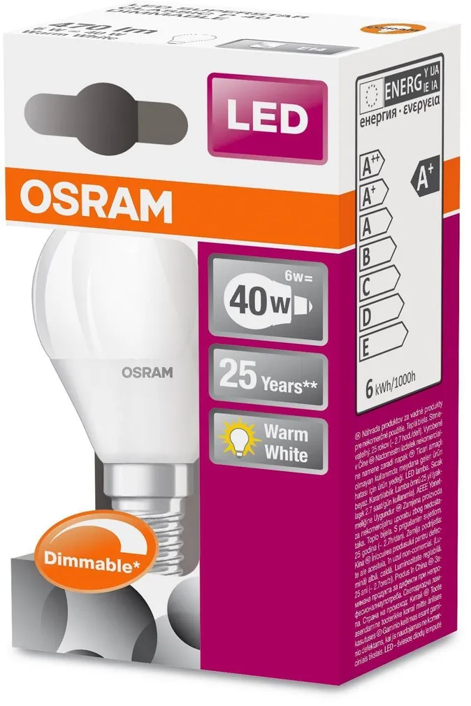 LED LAMP OSRAM LED SUPERSTAR CLASSIC 6W E14 P45 2700K 470LM DIMMERDATAV