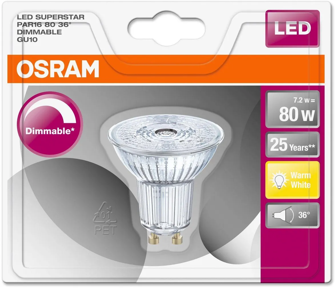 LED LAMP OSRAM LED SUPERSTAR 7,2W GU10 PAR16 2700K 575LM DIMMERDATAV