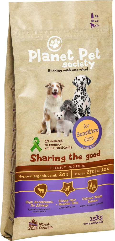 LEMMIKLOOMA TÄISTOIT TUNDLIKELE KOERTELE PLANET PET SOCIETY LAMMAS-RIIS 15KG