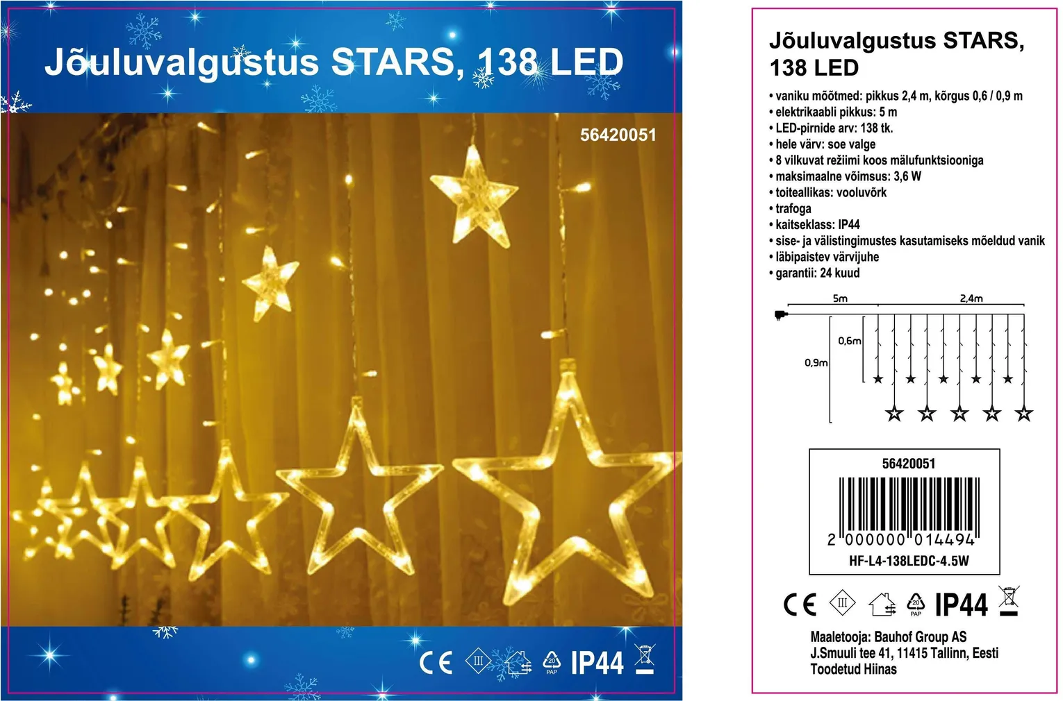 JÕULUVALGUSTUS 138LED TÄHED SOE VALGUS