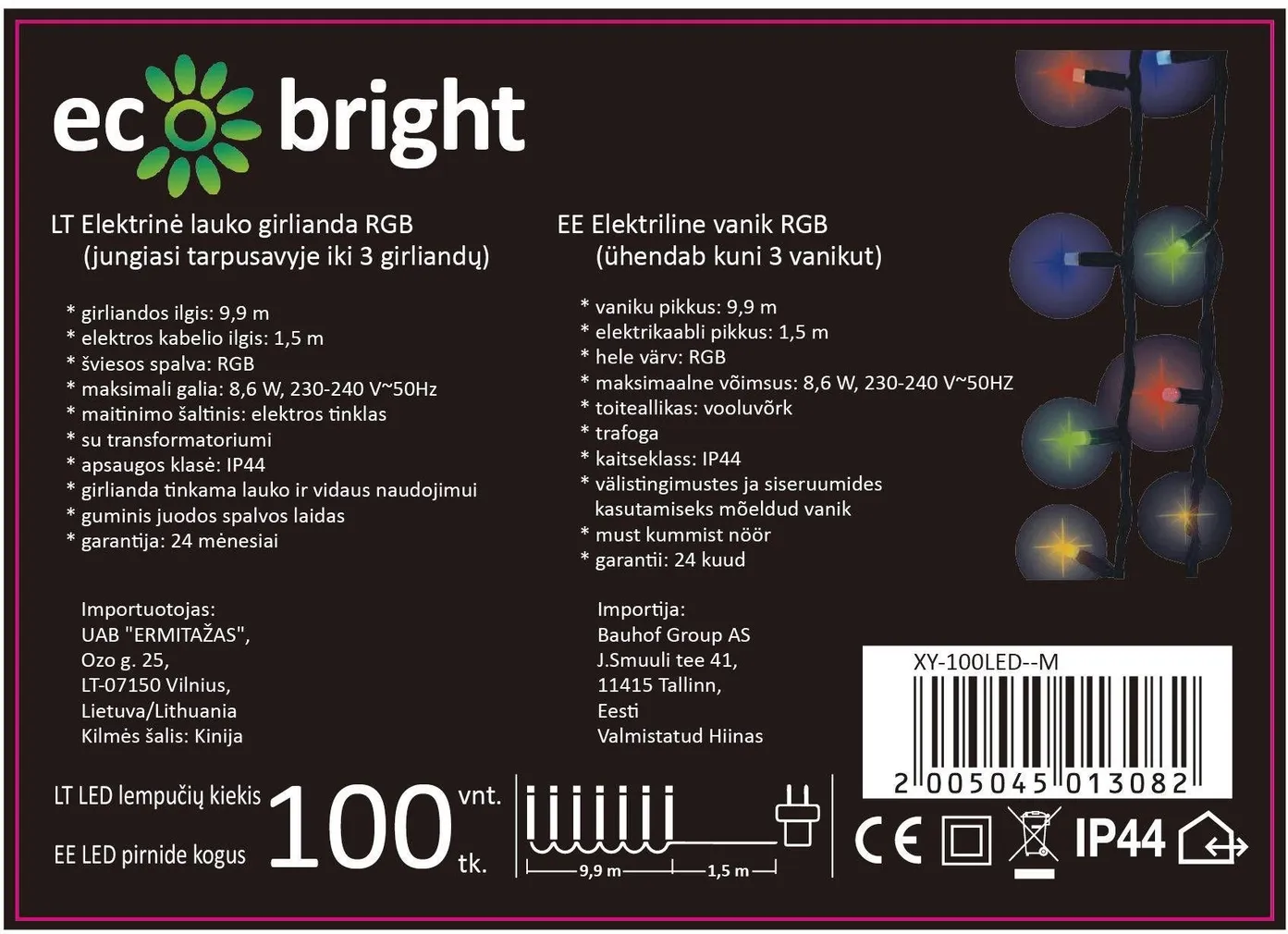 VÄLIS JÕULUVALGUSTUS ECO BRIGHT 100LED, IP65, 10M, MITMEVÄRVILINE