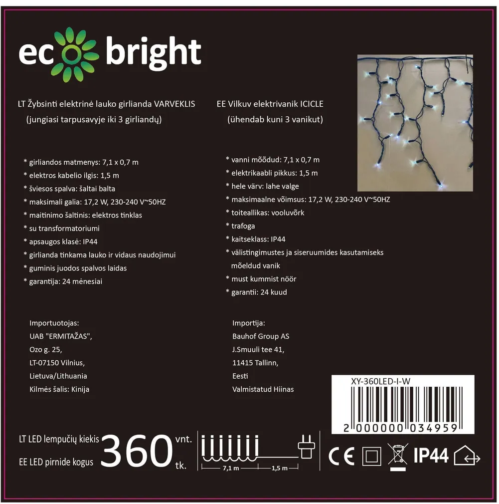 VÄLIS JÕULUVALGUSTUS ECO BRIGHT ICICLE 360LED IP65 7,1M+1,5M, KÜLM VALGE
