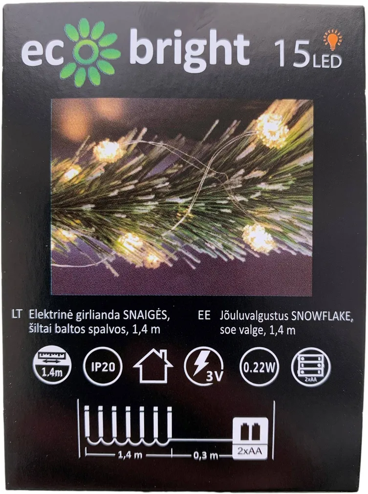 JÕULUVALGUSTUS ECO BRIGHT SNOWFLAKE 10LED, IP20, 0,9M, 2XAA, SOE VALGE