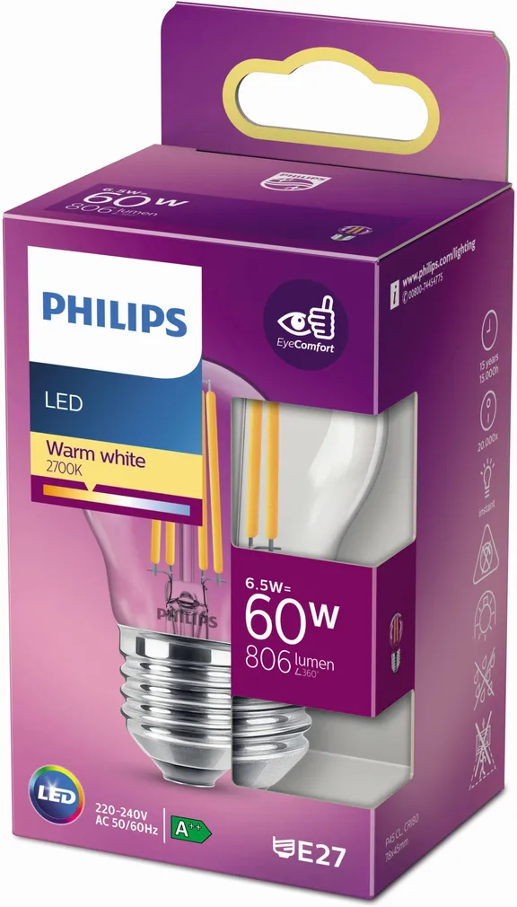 LED LAMP PHILIPS CLASSIC 6,5W E27 P45 FIL KLAAS 2700K PHILIPS