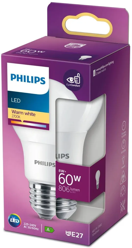LED LAMP PHILIPS 8W E27 A60 806LM 2700K
