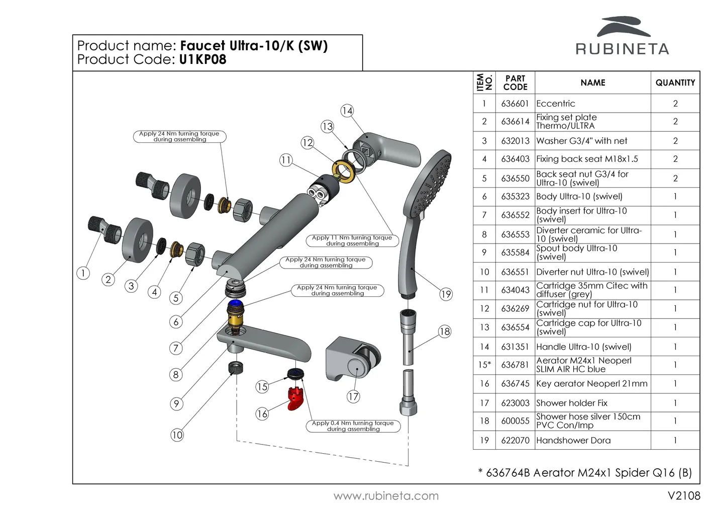 VANNI- JA DUŠISEGISTI RUBINETA ULTRA-10/K DUŠIKOMPL. KROOM