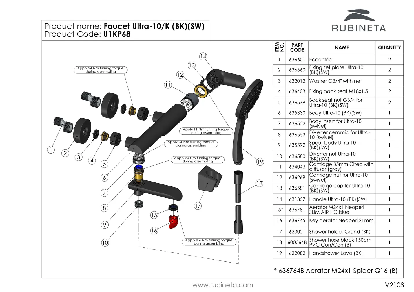 VANNI- JA DUŠISEGISTI RUBINETA ULTRA-10/K DUŠIKOMPL. MATT MUST
