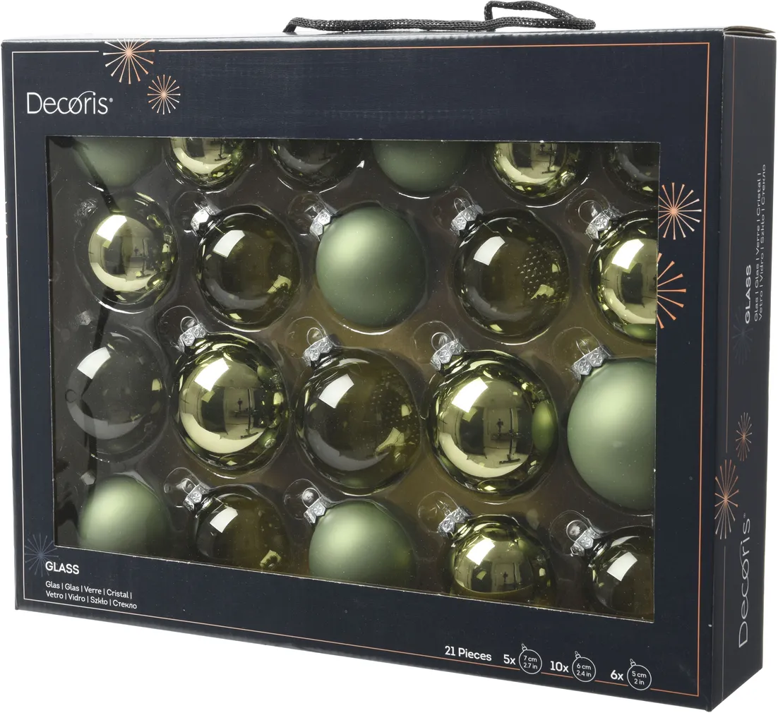 JÕULUKUULID Ø7CM KLAAS ROHELINE 21TK PAKIS