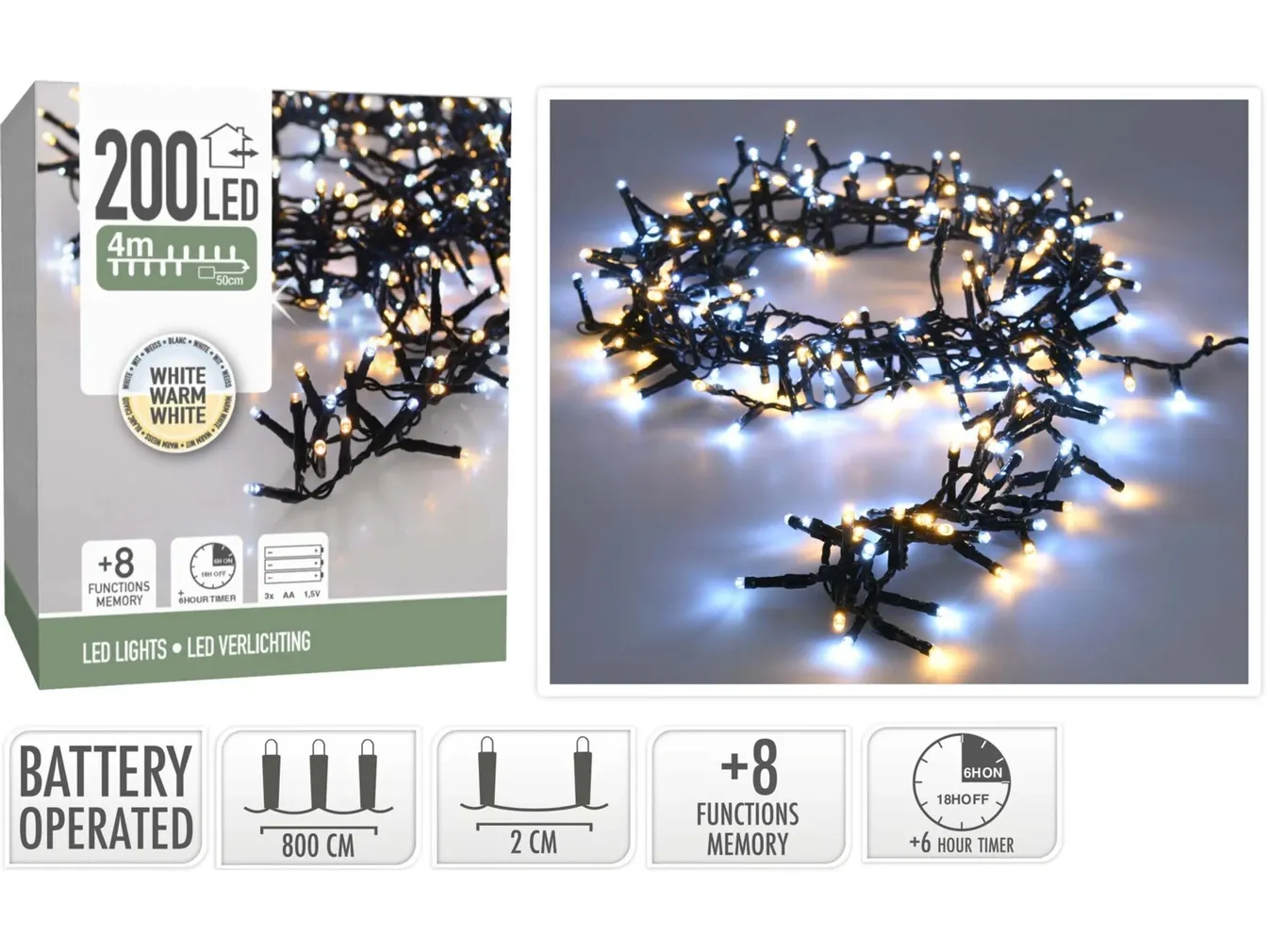 JÕULUVALGUSTUS 200LED 4M IP44 3XAA SOE/KÜLM VALGUS