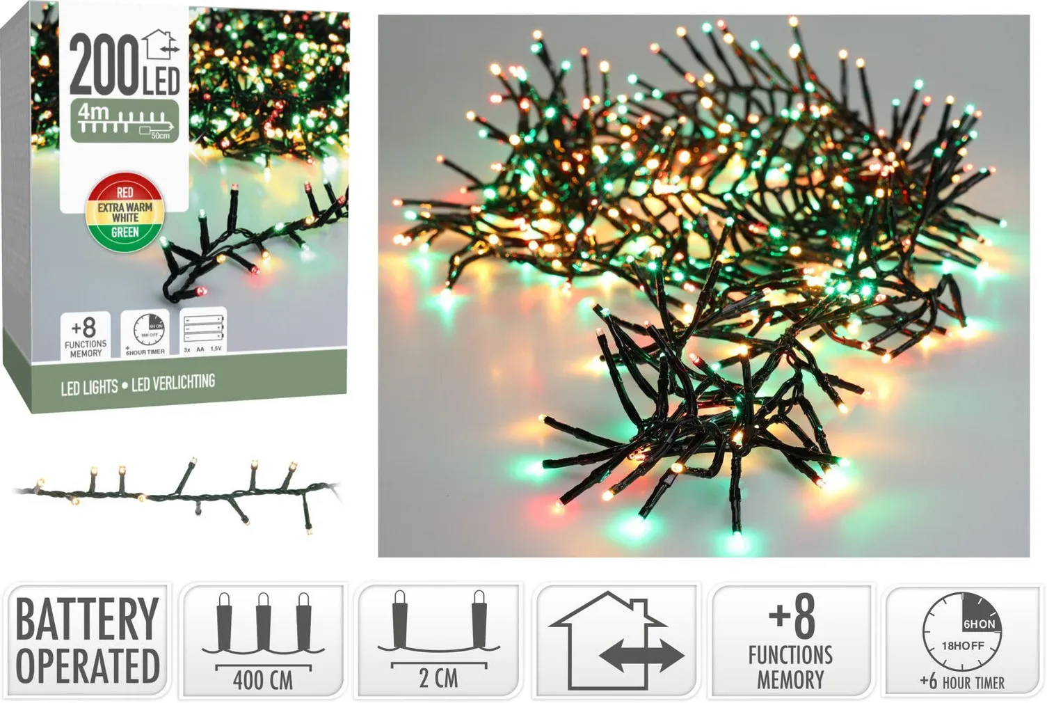 JÕULUVALGUSTUS 200LED 4M IP44 MITMEVÄRVILINE 3XAA
