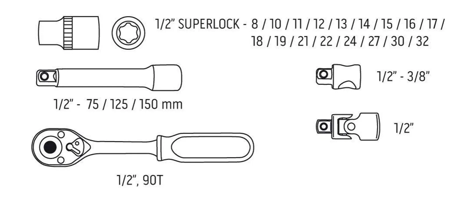 PADRUNITE KOMPLEKT 1/2" NARREGA, 23-OSALINE