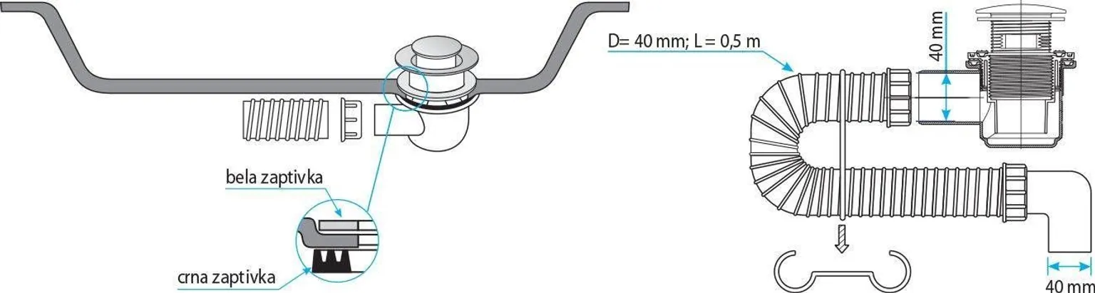 SIFOON DUŠIALUSELE 60MM CLICK-CLACK PESA GOFREERITUD TORU 40X500MM