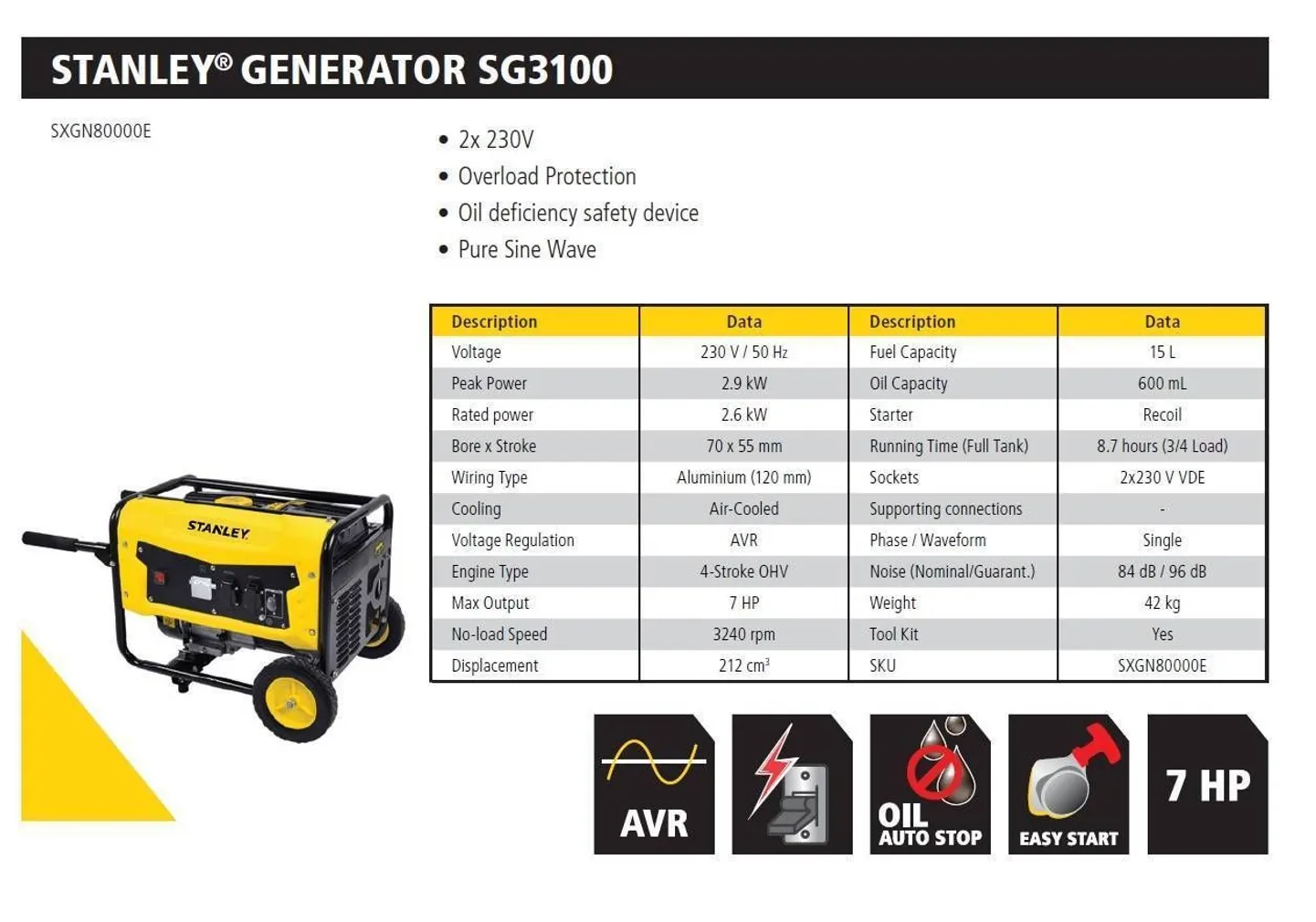 GENERAATOR STANLEY SG 3100 BASIC