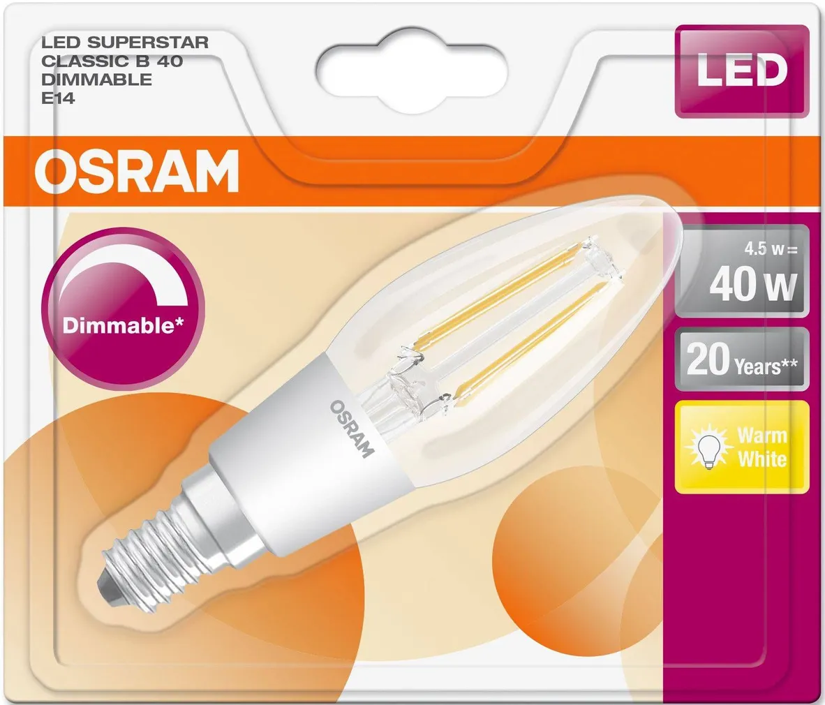 LED LAMP OSRAM LED RETROFIT CLASSIC 4,5W E14 B35 2700K 470LM DIMMERDATAV