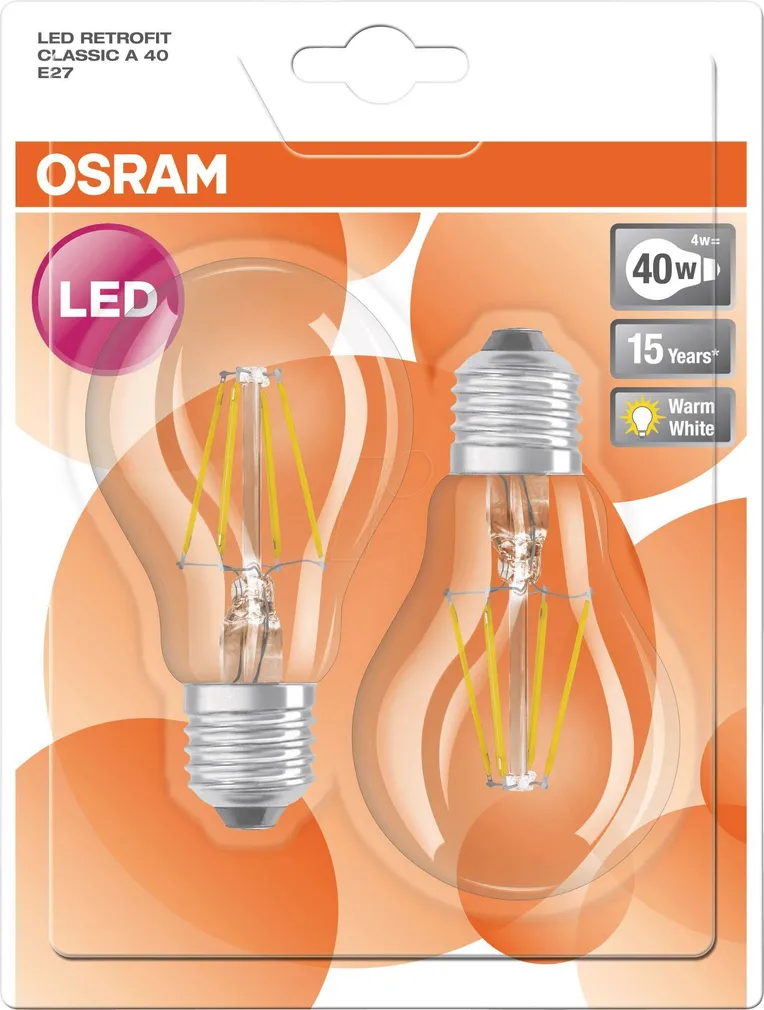 LED LAMP OSRAM LED RETROFIT CLASSIC 4W E27 A40 470LM 2700K KLAAR 2TK PAKIS