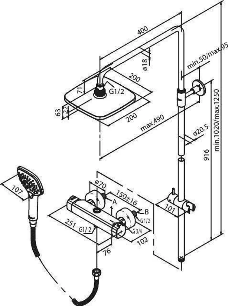 DUŠISEGISTI DAMIXA PINE 5797000 TERMOSTAAT ÜLA- JA KÄSIDUŠIGA