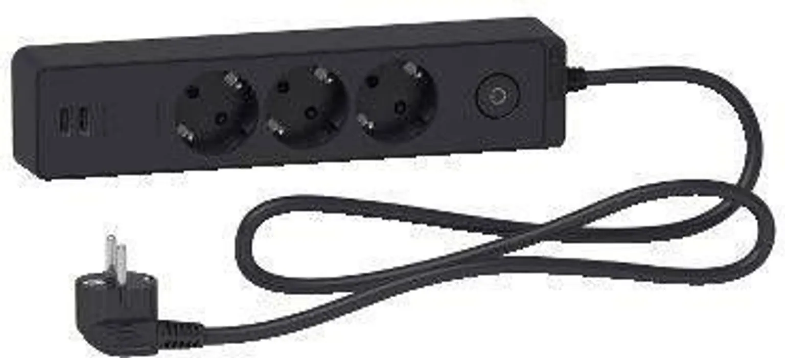 PIKENDUSJUHE SCHNEIDER ELECTRIC 1,5M 3 PESA + 2XUSB 2,4A LÜLITI MUST