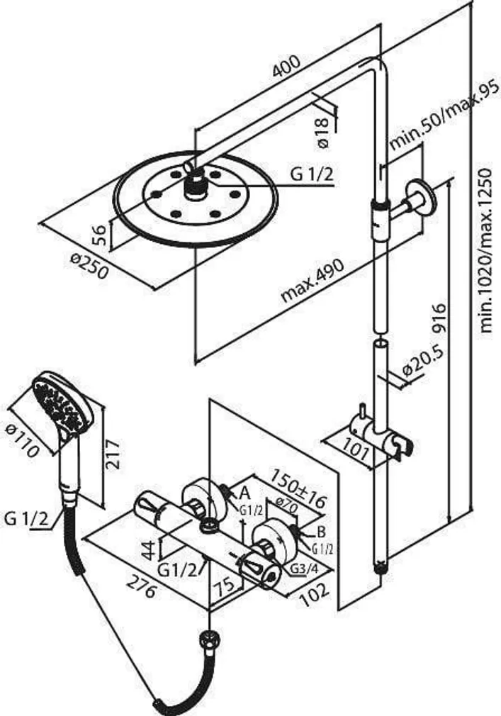 DUŠISEGISTI DAMIXA SILHOUET 5795400 TERMOSTAAT ÜLA- JA KÄSIDUŠIGA