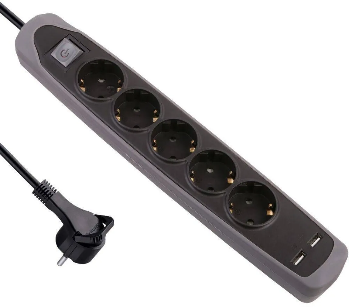 PIKENDUSJUHE ELECTRALINE 2M 5PESA 3G1,0MM² LK LÜLITI 2XUSB MUST/HALL