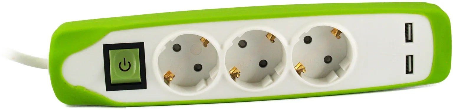 PIKENDUSJUHE ELECTRALINE 3P 3G1,0MM² 2M LK LÜLITI 2USB VALGE/ROHELINE