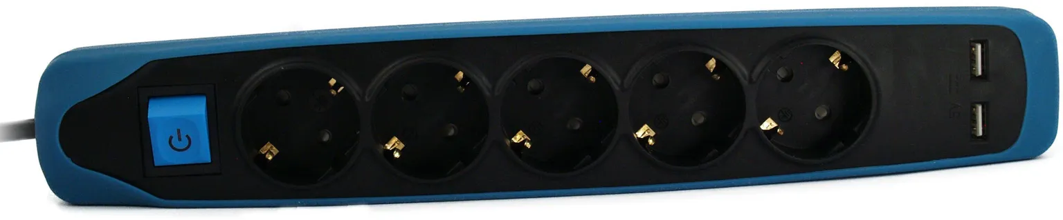 PIKENDUSJUHE ELECTRALINE 5P 3G1,0MM² 2M LK LÜLITI 2USB MUST/SININE