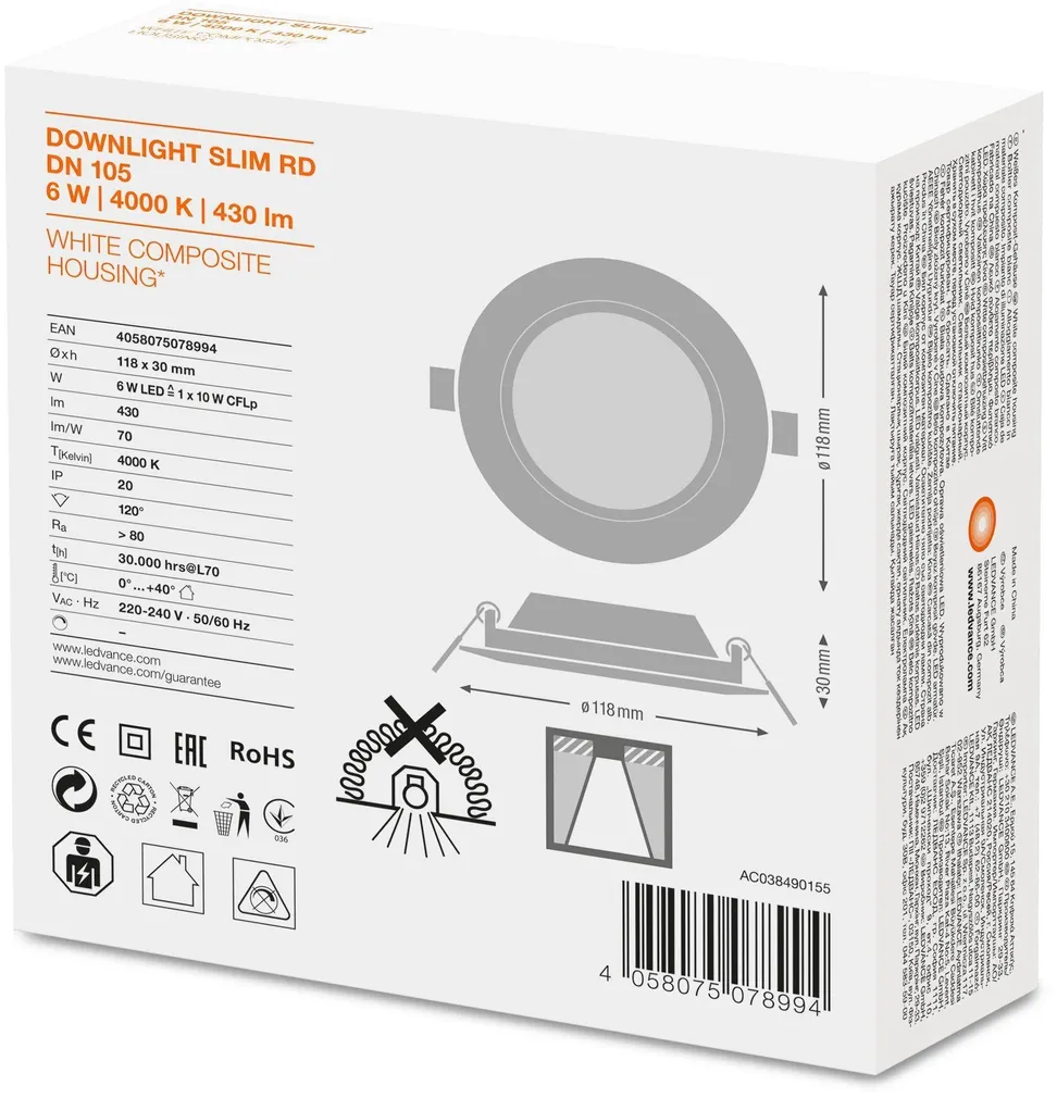 ALLVALGUSTI SLIM DN105 6W/4000K WT IP20