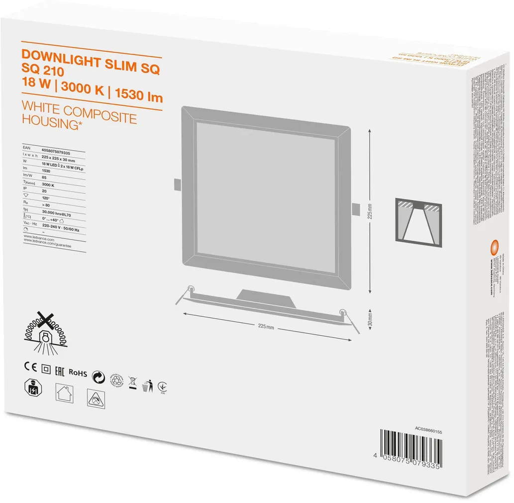 ALLVALGUSTI SLIM SQ210 18W/3000K WT IP20