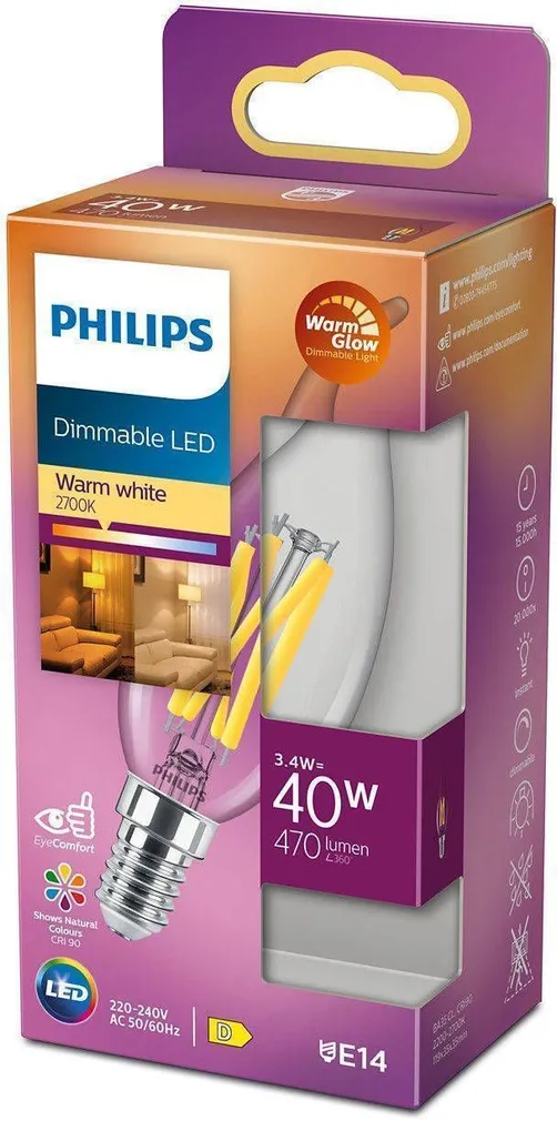 LED LAMP PHILIPS 3,4 - 40W BA35 LEEK E14 2200-2700K WARMGLOW