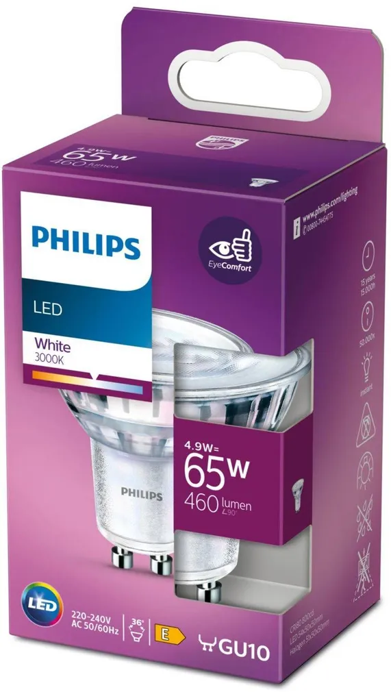 LED LAMP PHILIPS 4,9 - 65W GU10 3000K 36D