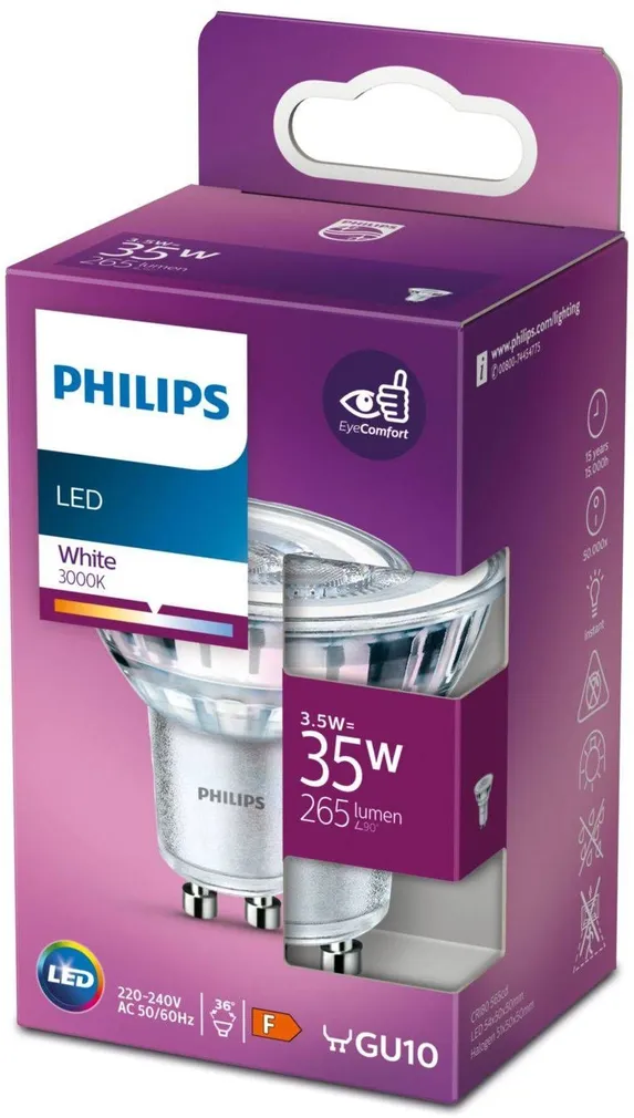 LED LAMP PHILIPS CLASSIC 3,5W-35W GU10 3000K 265LM 36D