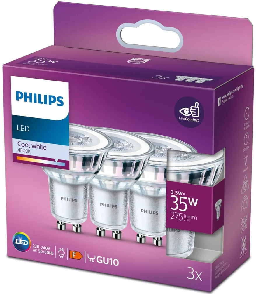 LED LAMP PHILIPS CLASSIC 3,5W-35W GU10 4000K 275LM 36D 3TK PAKIS