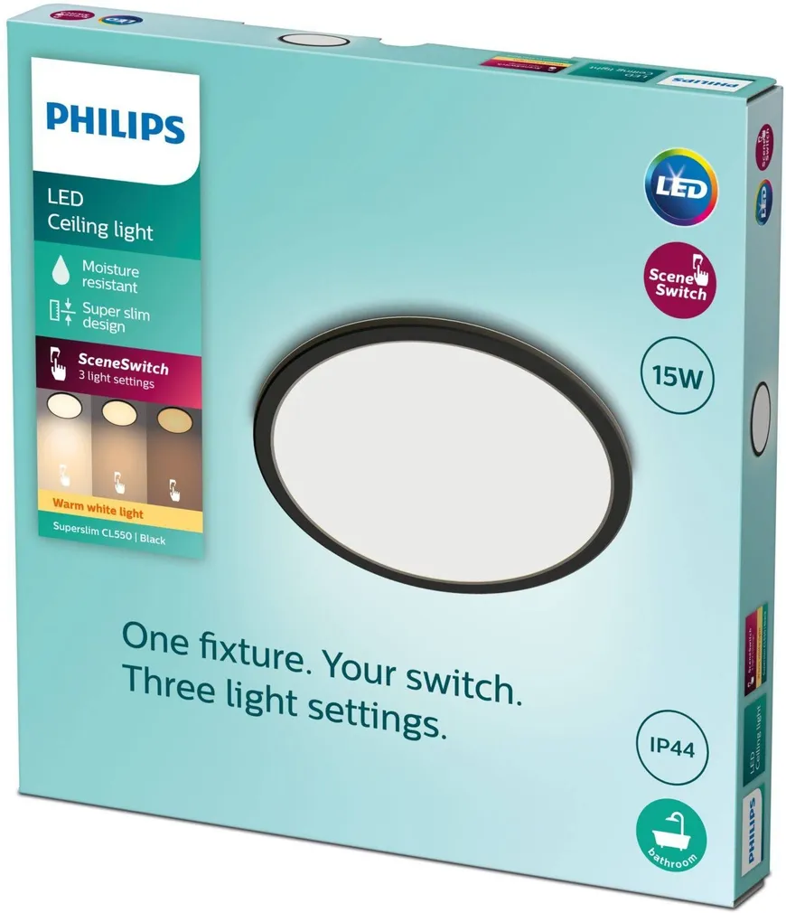 VANNITOAVALGUSTI PHILIPS SUPERSLIM 15W 2700K SSW IP44 MUST