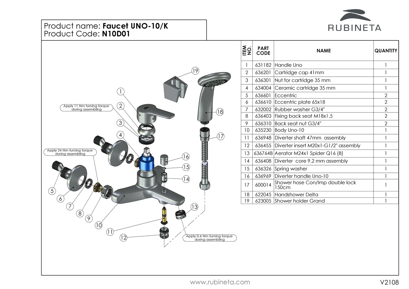 VANNI- JA DUŠISEGISTI RUBINETA UNO-10/K DUŠIKOMPL. KROOM