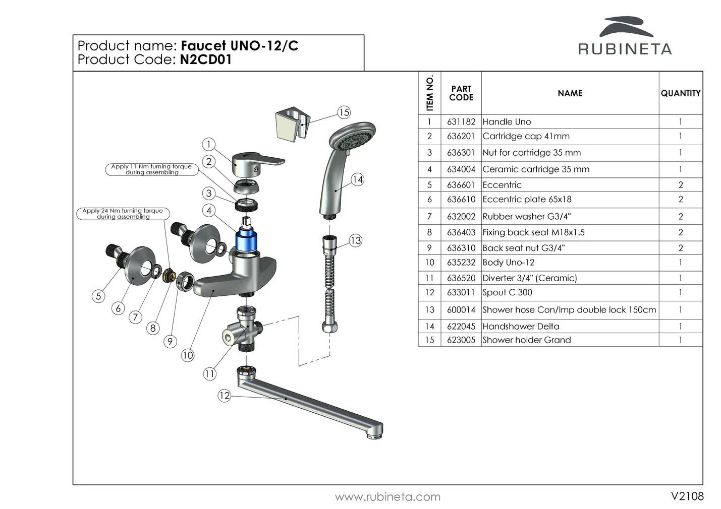 VANNI- JA DUŠISEGISTI RUBINETA UNO-12/C DUŠIKOMPL. KROOM