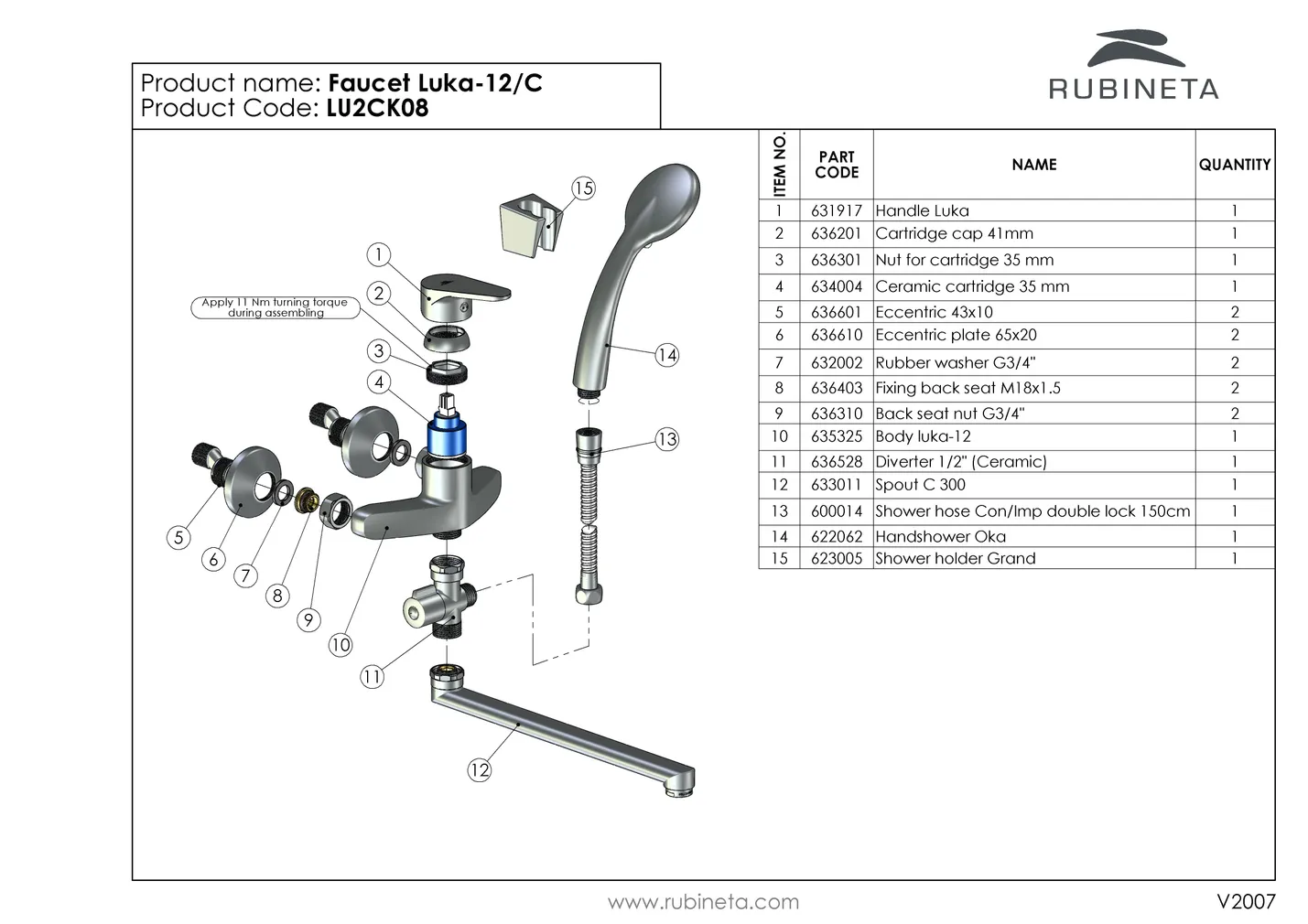 VANNI- JA DUŠISEGISTI RUBINETA LUKA-12/C DUŠIKOMPL. KROOM
