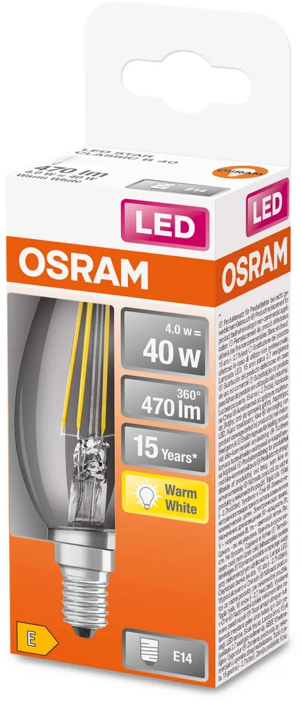LED LAMP OSRAM 4W B35 E14 470LM 2700K CLASSIC FIL.