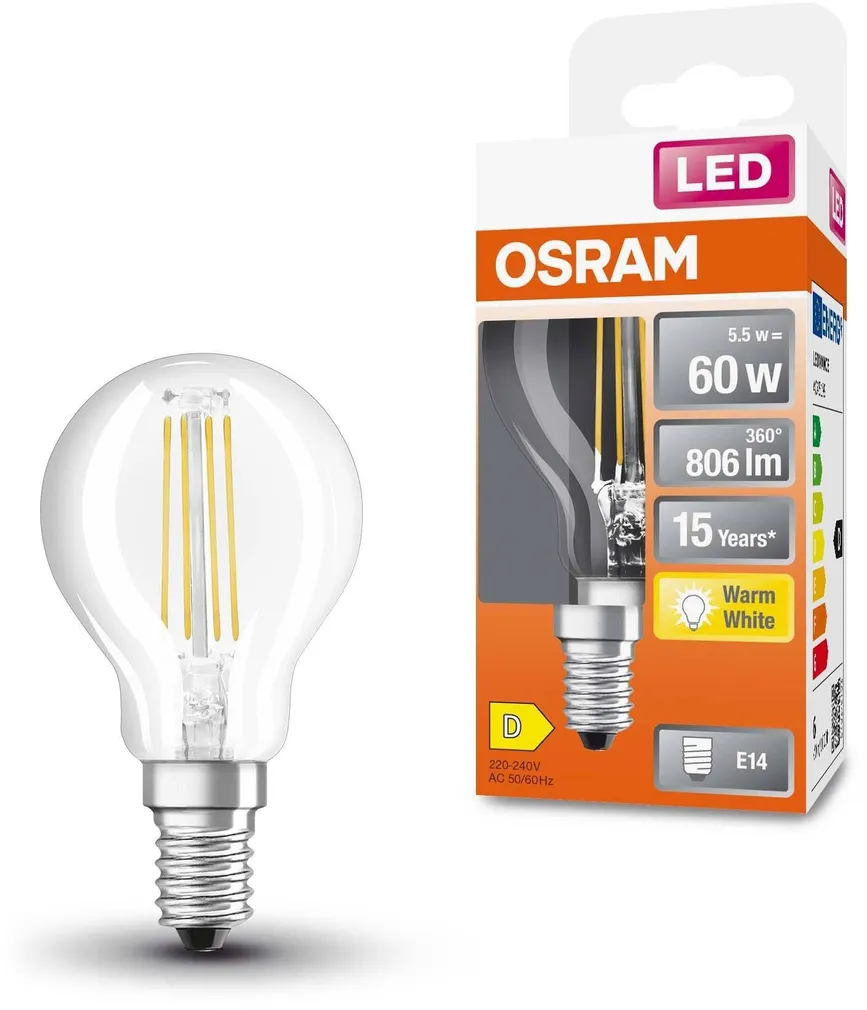 LED LAMP OSRAM 5,5W P45 E14 806LM 2700K CLASSIC FIL.