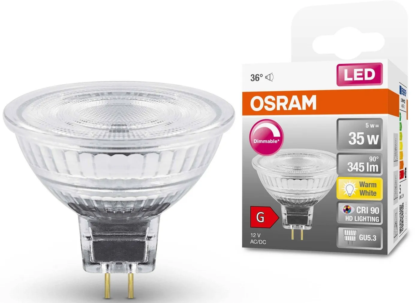 LED LAMP OSRAM 5W MR16 GU5.3 345LM 2700K DIMMERDATAV 36°