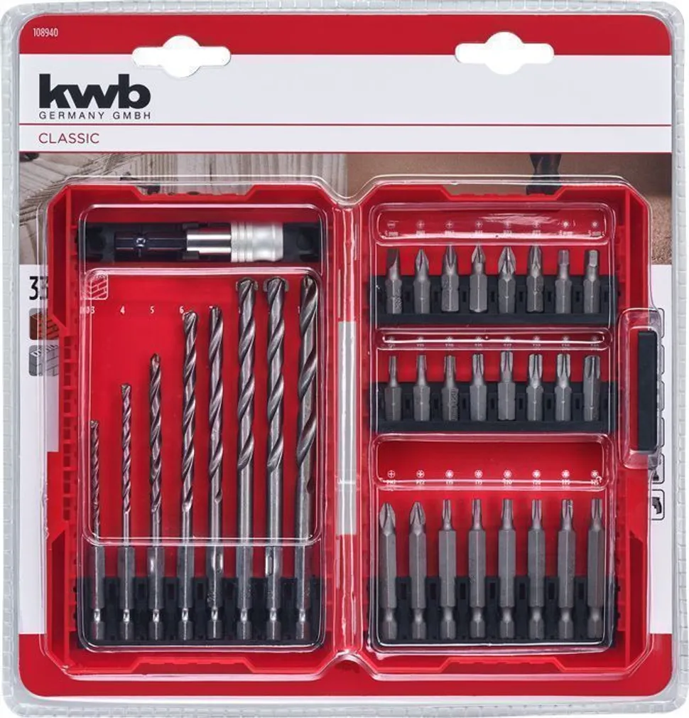 KRUVI- JA PUURIOTSAKUTE KOMPLEKT KWB L-KARP 33-OSALINE