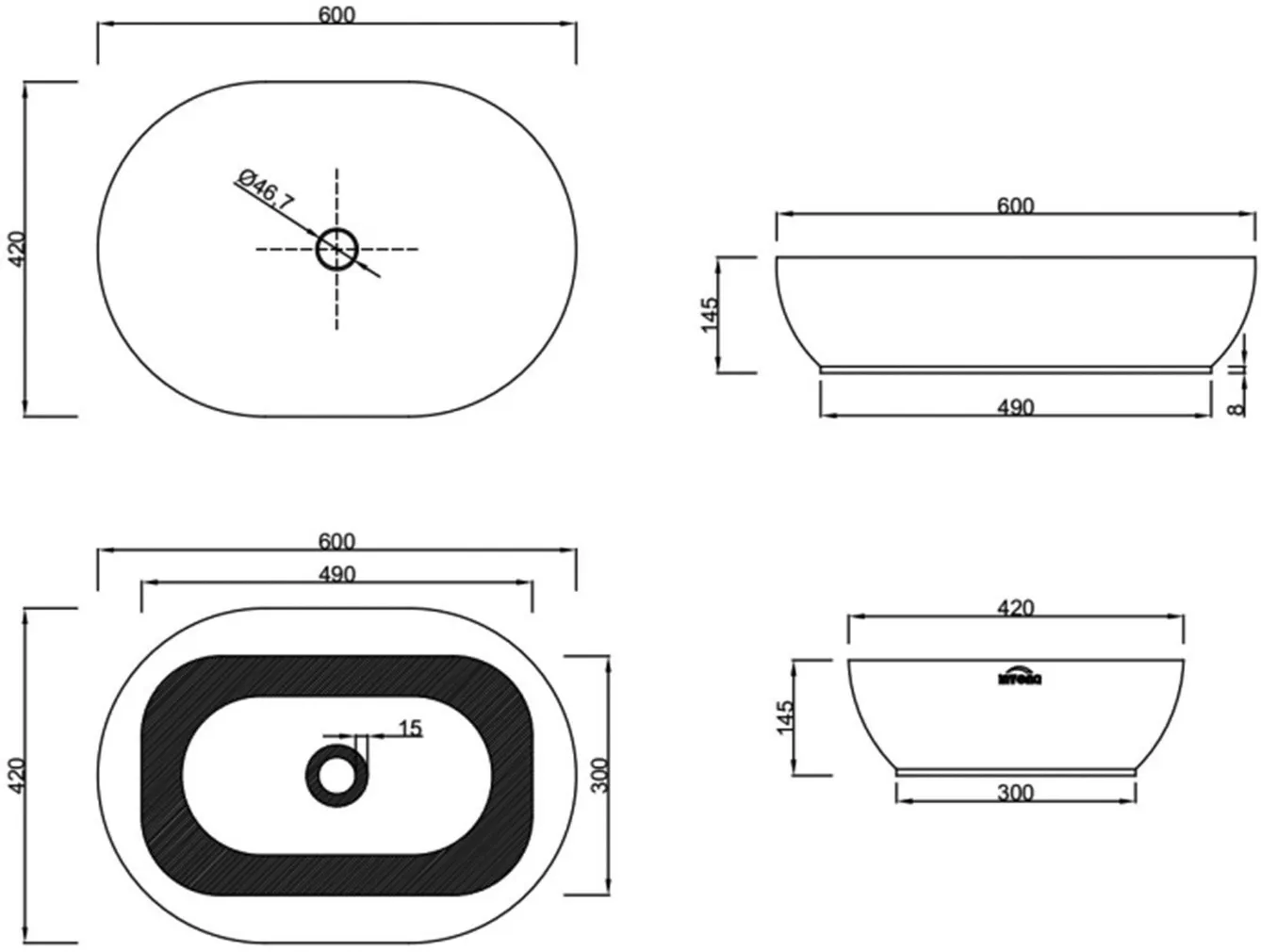 VALAMU INVENA KORFU 60X42CM PINNAPEALNE OVAALNE MUST MATT