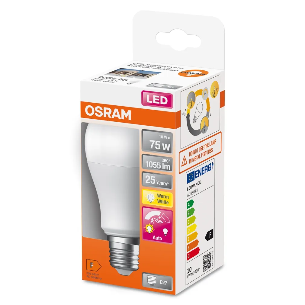LED LAMP OSRAM 10W E27 A75, 2700K 1055LM LIIKUMISANDURIGA