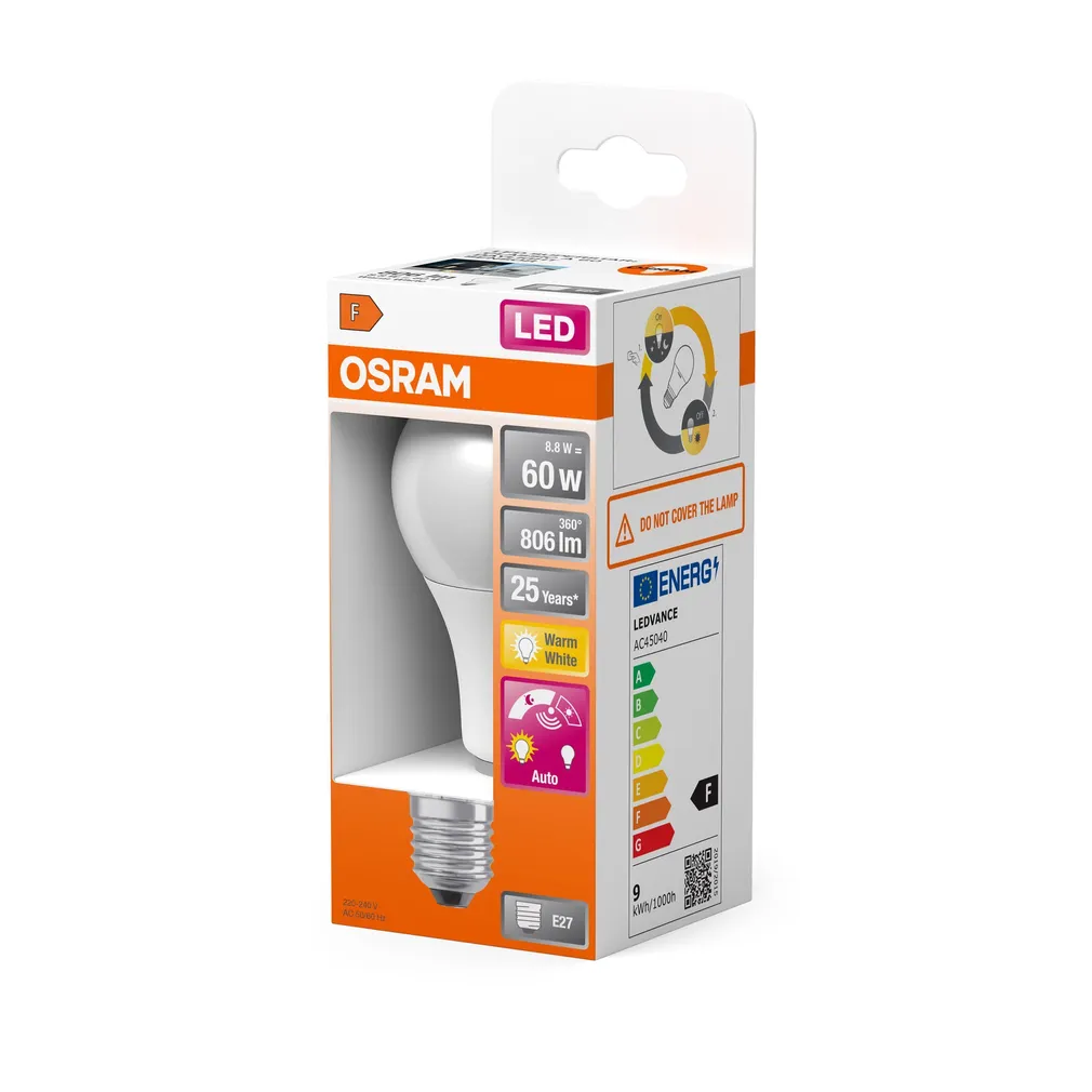 LED LAMP OSRAM 8,8W E27 A60, 2700K 806LM HÄMARAANDURIGA